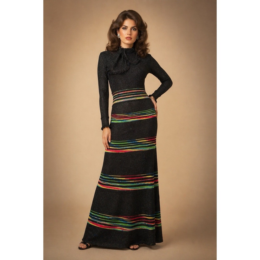 Vintage 70s Winjilli Black Lurex Maxi Dress Rainbow Stripe Bow Neck Evening Gown